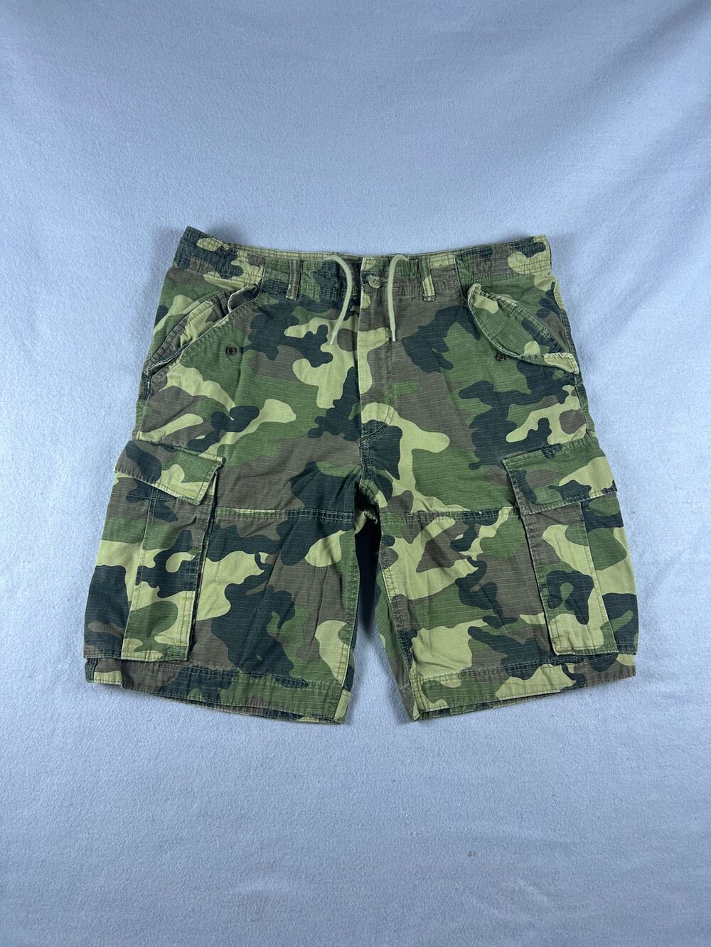 H&M LOGG Cargo Shorts Mens 34 Green Canvas Ripstop Woodland Camo Army Utility